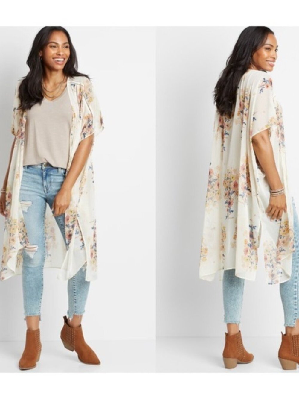 Band of Gypsies Floral Sheer Long Line Kimono Duster Cream with Mustard & Blush